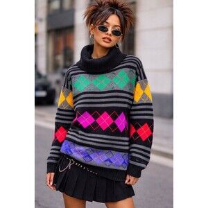 Vintage 90s IB Diffusion Argyle Cowl Neck Sweater Lambswool Angora 1991 Preppy